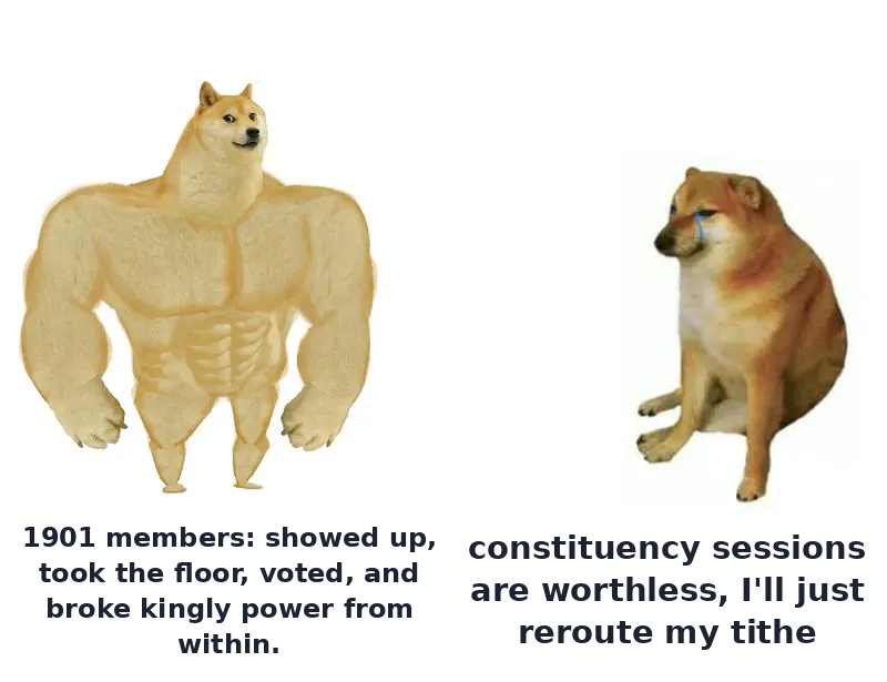 Meme: a muscular dog represents the 1901 members who showed up, took the floor, voted, and broke kingly power from within; a small crying dog says constituency sessions are worthless and reroutes his tithe