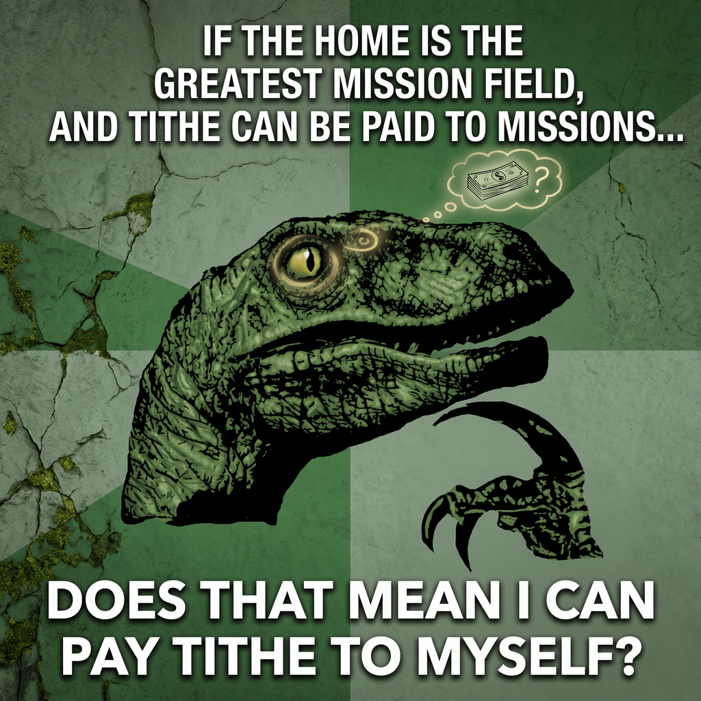 Meme: a pondering raptor asks &mdash; if the home is the greatest mission field, and tithe can be paid to missions, does that mean I can pay tithe to myself?